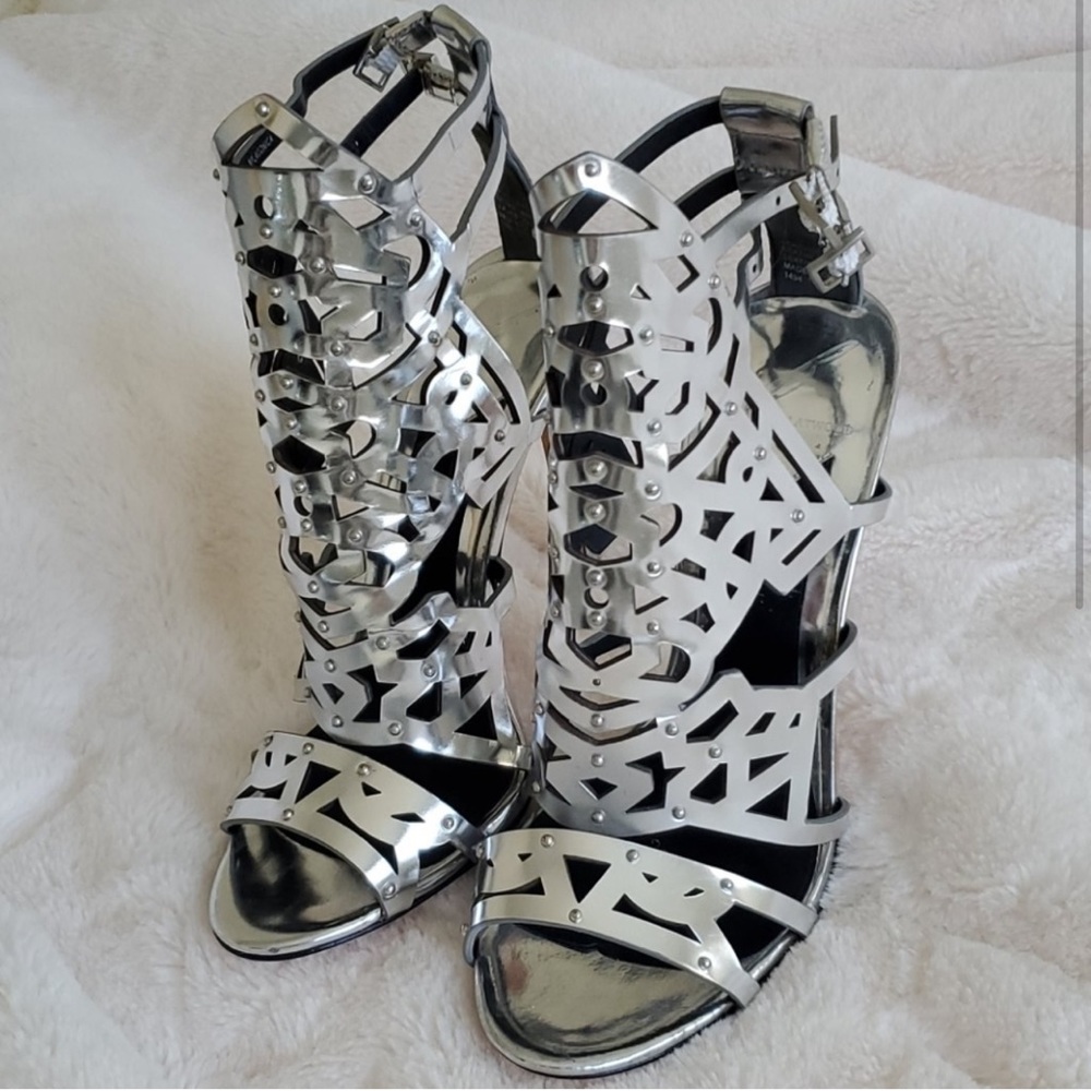 Brian Atwood Silver Gladiator Sandal Heels